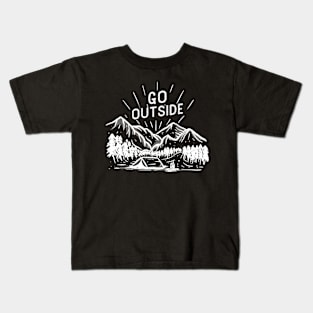 Mountain and wild forest campground adventure illustration with hand drawn vintage style Kids T-Shirt